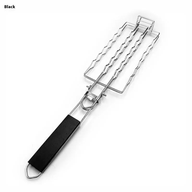 Stainless steel removable folding outdoor barbecue net, square modern style, with black handle, placed over charcoal fire.