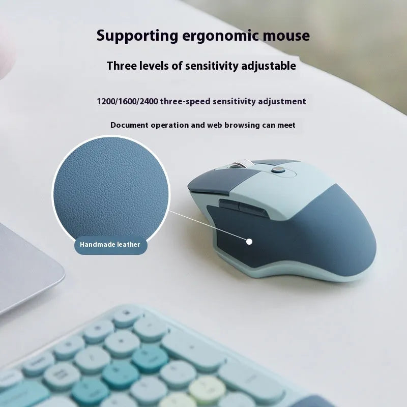 Ergonomic wireless keyboard and mouse set with wrist splint, waterproof veneer, blue milk tea purple mixed colours