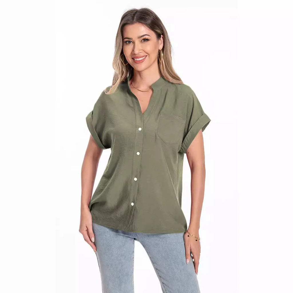 Women's loose fit short sleeve summer top with stand collar and button front in Army Green.