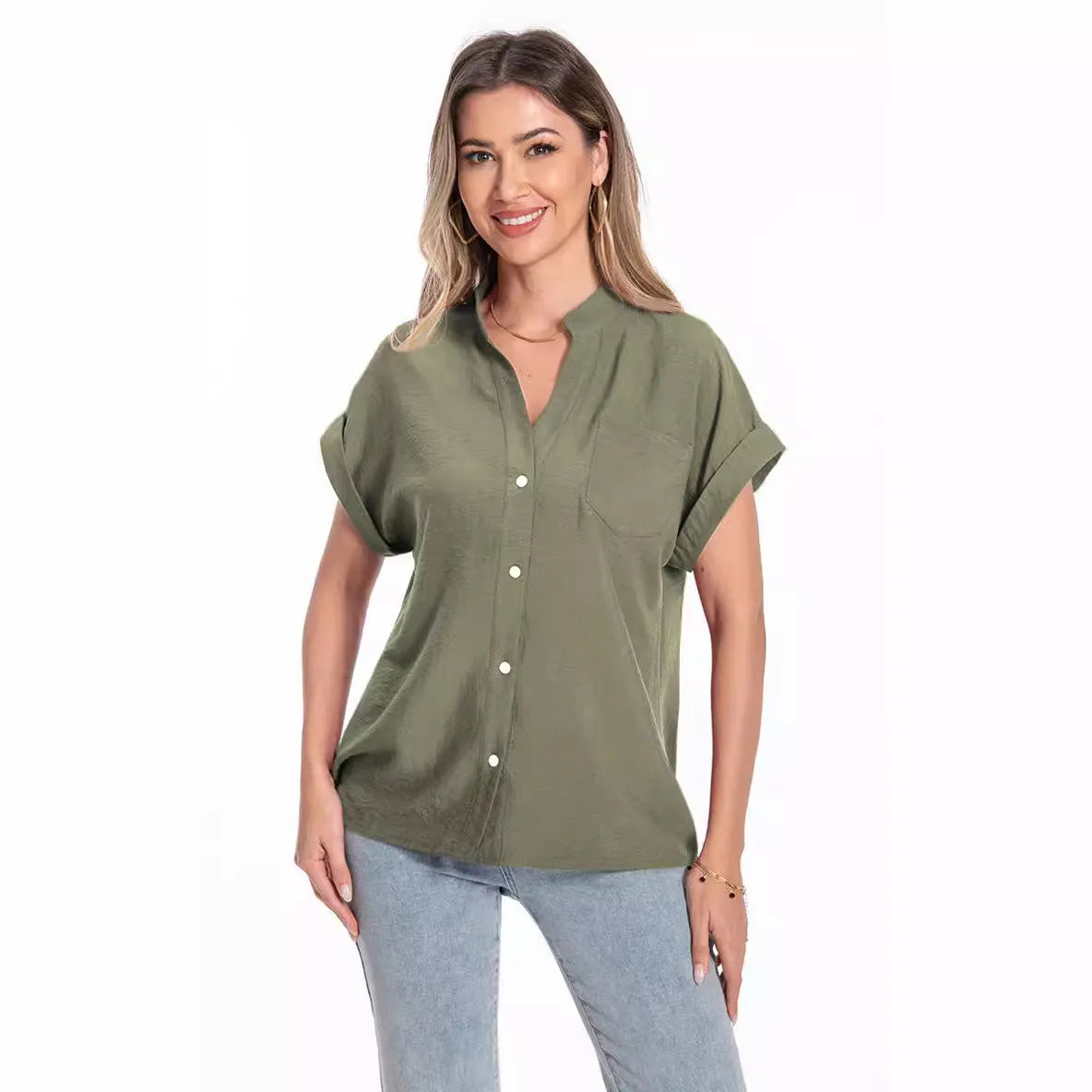 Women's loose fit short sleeve summer top with stand collar and button front in Army Green.