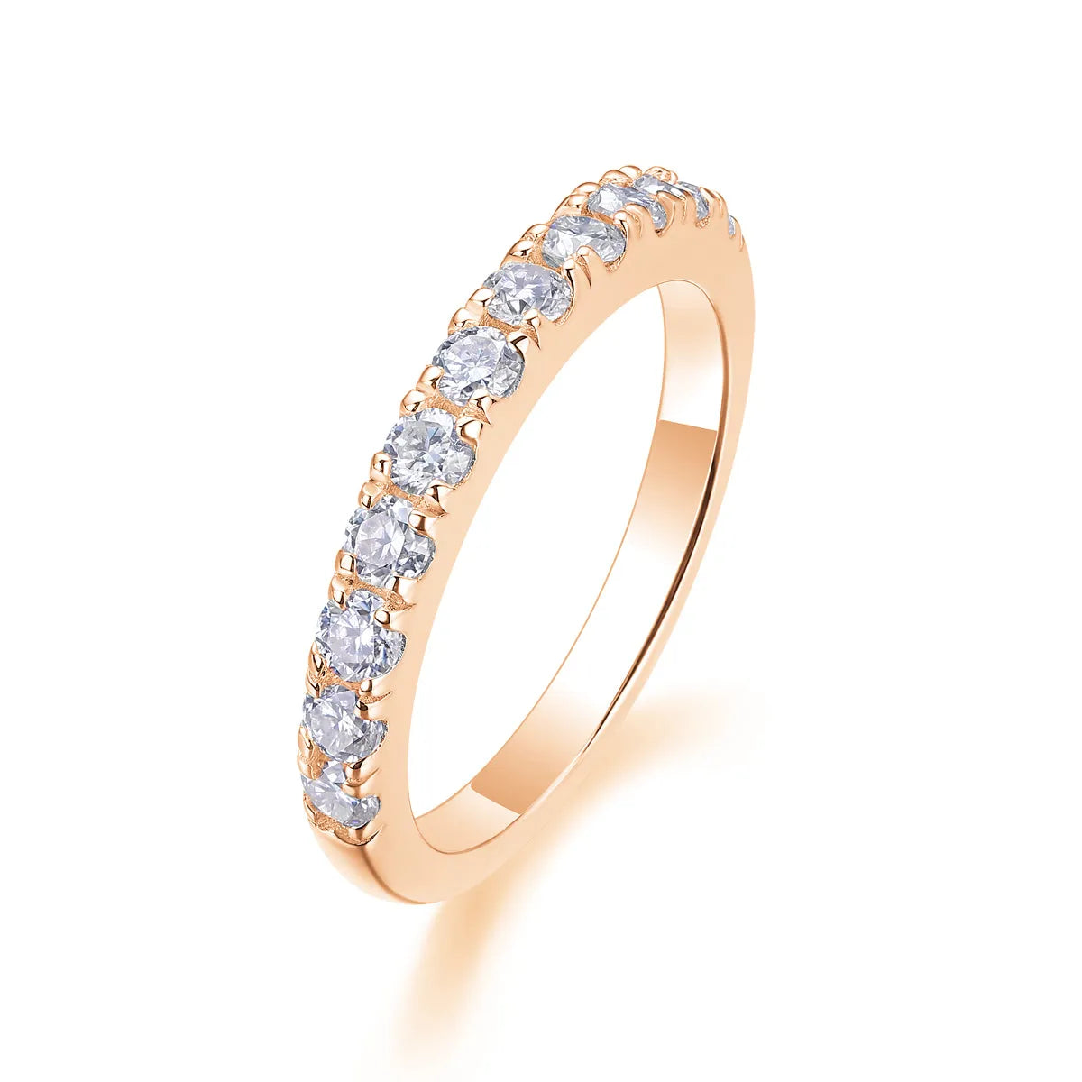 Parallel World moissanite wedding ring set in gold, S925 silver with platinum plating, on white background