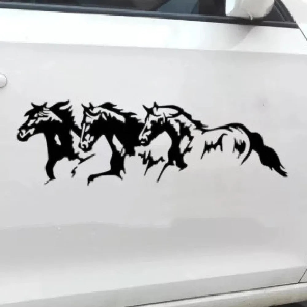 Black, white, red, and blue Three Horses vehicle decal sticker measuring 25 by 8 cm.