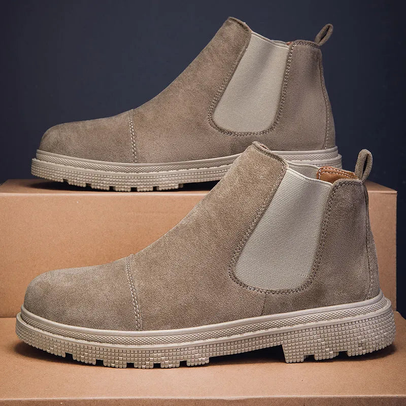Gao Banglun men's slip-on retro boots in khaki with round toe and lace-up front