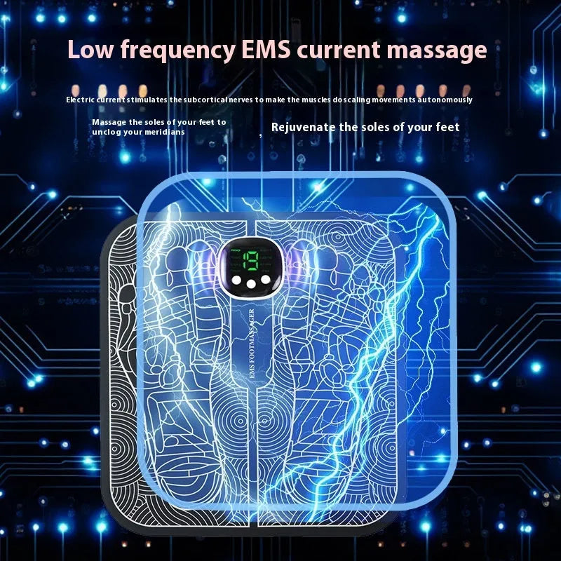 Blue USB rechargeable reflexology foot massager mat with push-button controls on colour box