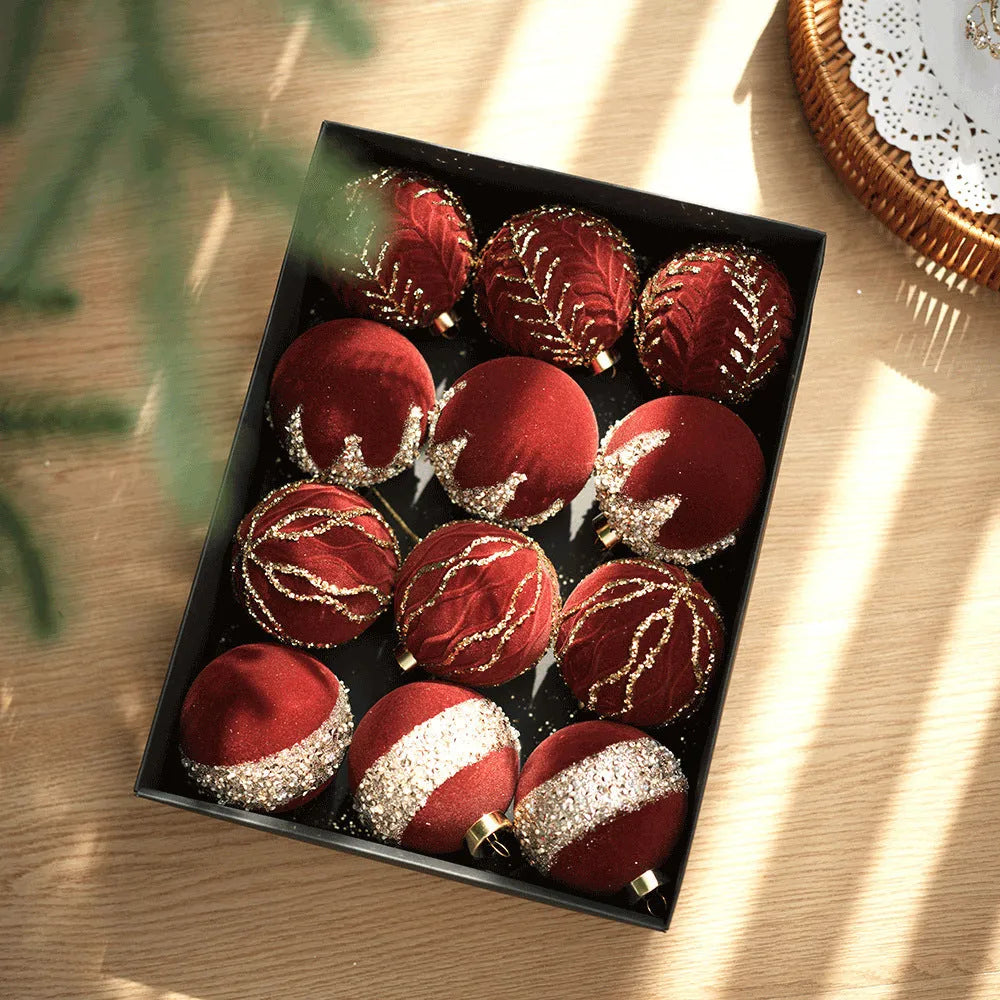 12-piece plastic flocked Christmas ball set in paper box with wine red, milky white, and Maillard colour options