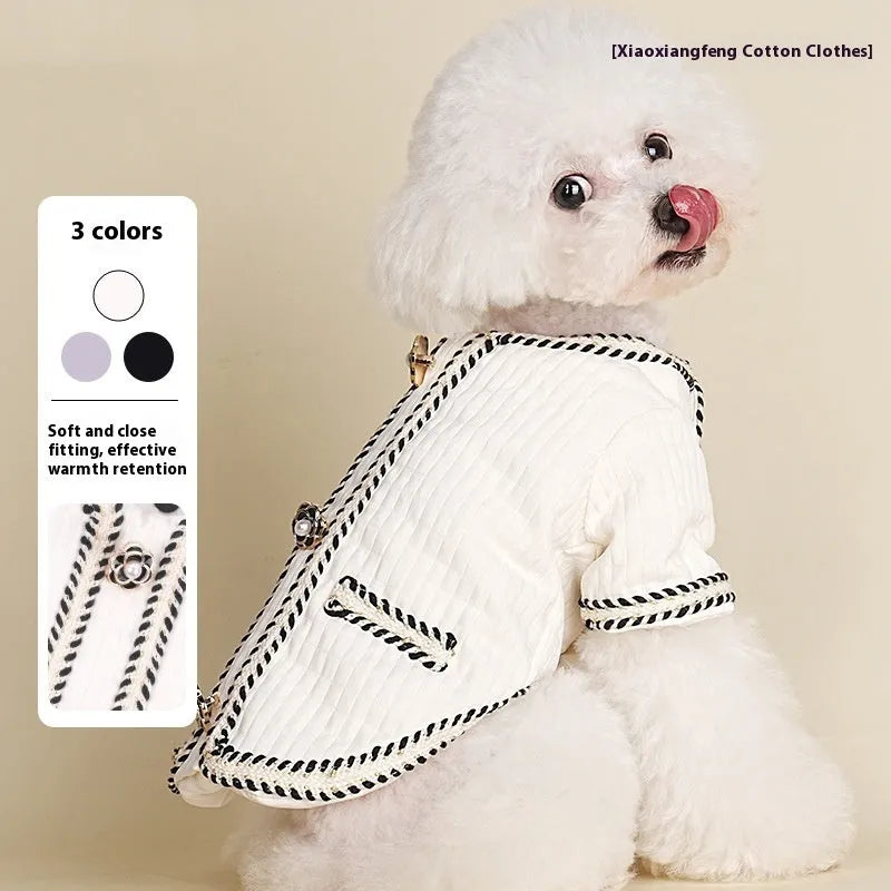 Cartoon-style quilted dog coat in light purple, sized for a medium dog.