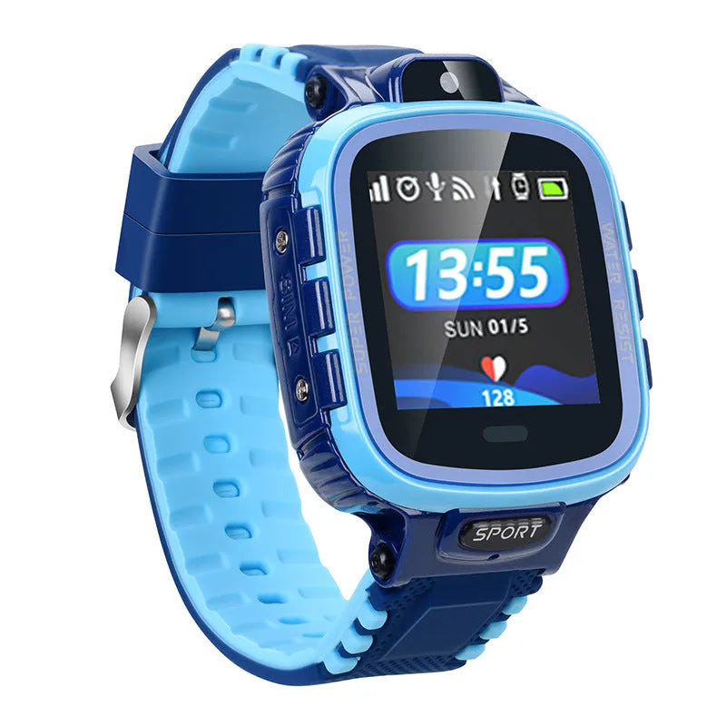 Children's GPS smart watch with camera and touch screen in blue, showing the 1.44-inch display and silicone strap