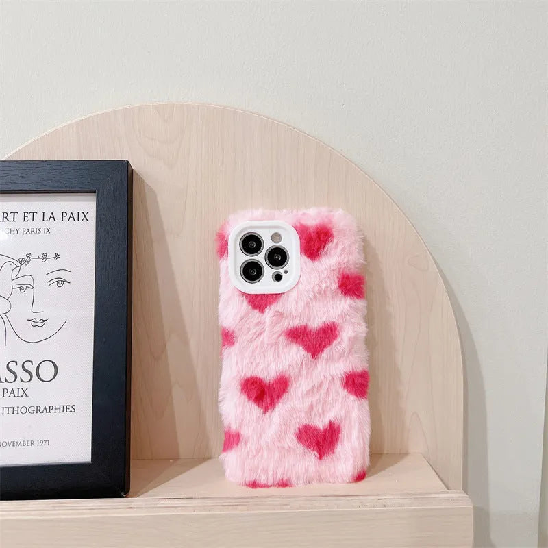 Pink cartoon-style plush silicone back cover case for Apple iPhone 11, 12, 13, 14 and 15 models.