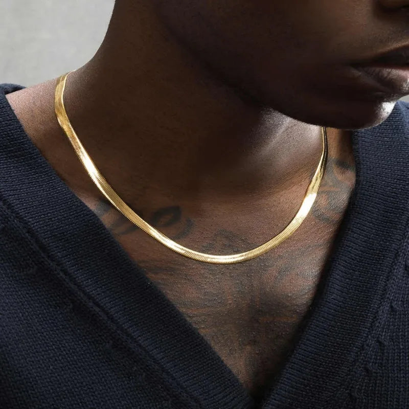 Gold colour flat snake bone necklace for men and women, 50cm chain with 5cm extension, alloy with plated finish