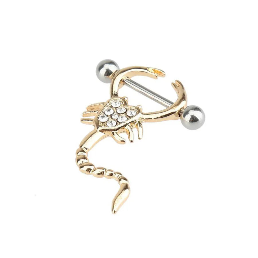 Gold scorpion belly ring with 316L medical steel bar and crystal diamond inlay on white background