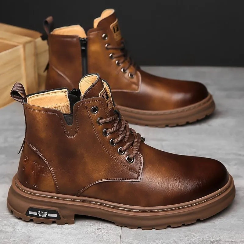 Men's black lace-up work boots with round toe and thick rubber sole for outdoor use