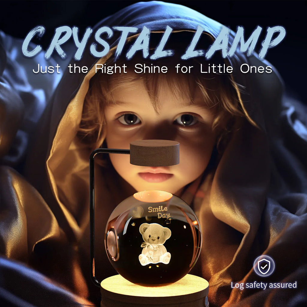 Crystal ball cosmic dinosaur indoor night light with 3D etched pattern, walnut base, and USB power cable