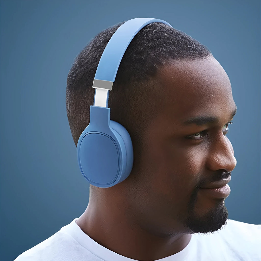 Wireless Bluetooth headphones in black, white, blue, or dark grey colours with earpieces connected by wire