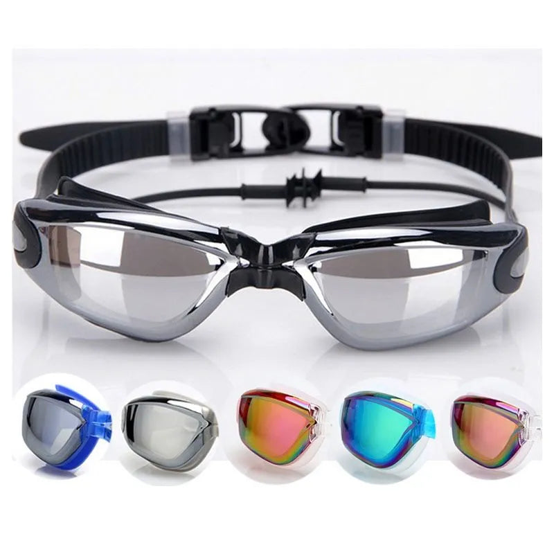 Swimming goggles with HD plating polycarbonate anti-fog lens and silicone seal in black