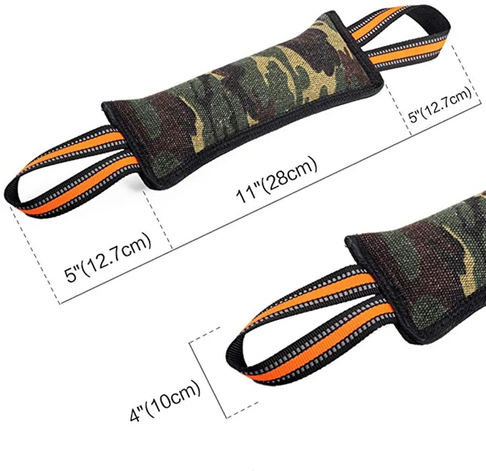 Yellow-edged jute dog training bite stick showing reflective stitching and 55cm length