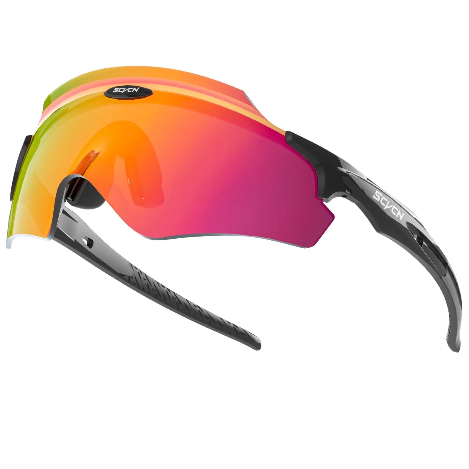 Frameless windproof sports goggles with a colourful one-piece lens on a neutral background.