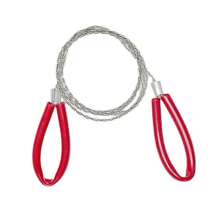 Outdoor survival hand wire saw with leather case, showing coiled stainless steel cutting line.