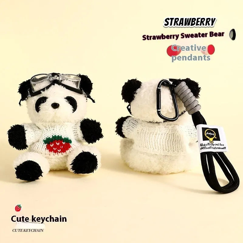 Cute plush strawberry bear doll keychain pendant with soft fabric and cartoon style