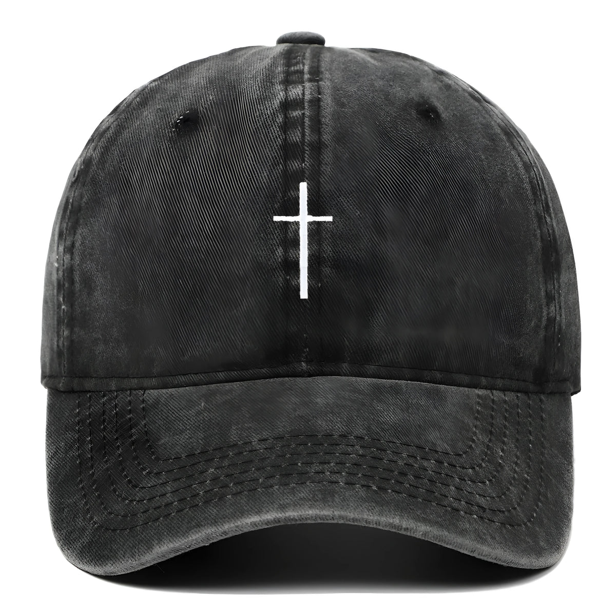 Cotton cross embroidered baseball cap with letter embroidery, high crown and curly brim in black