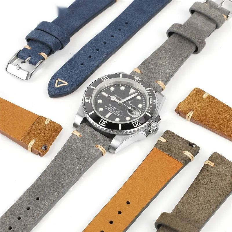Genuine suede leather watch strap in Army Green, showing texture and buckle, for 20mm or 22mm watches.