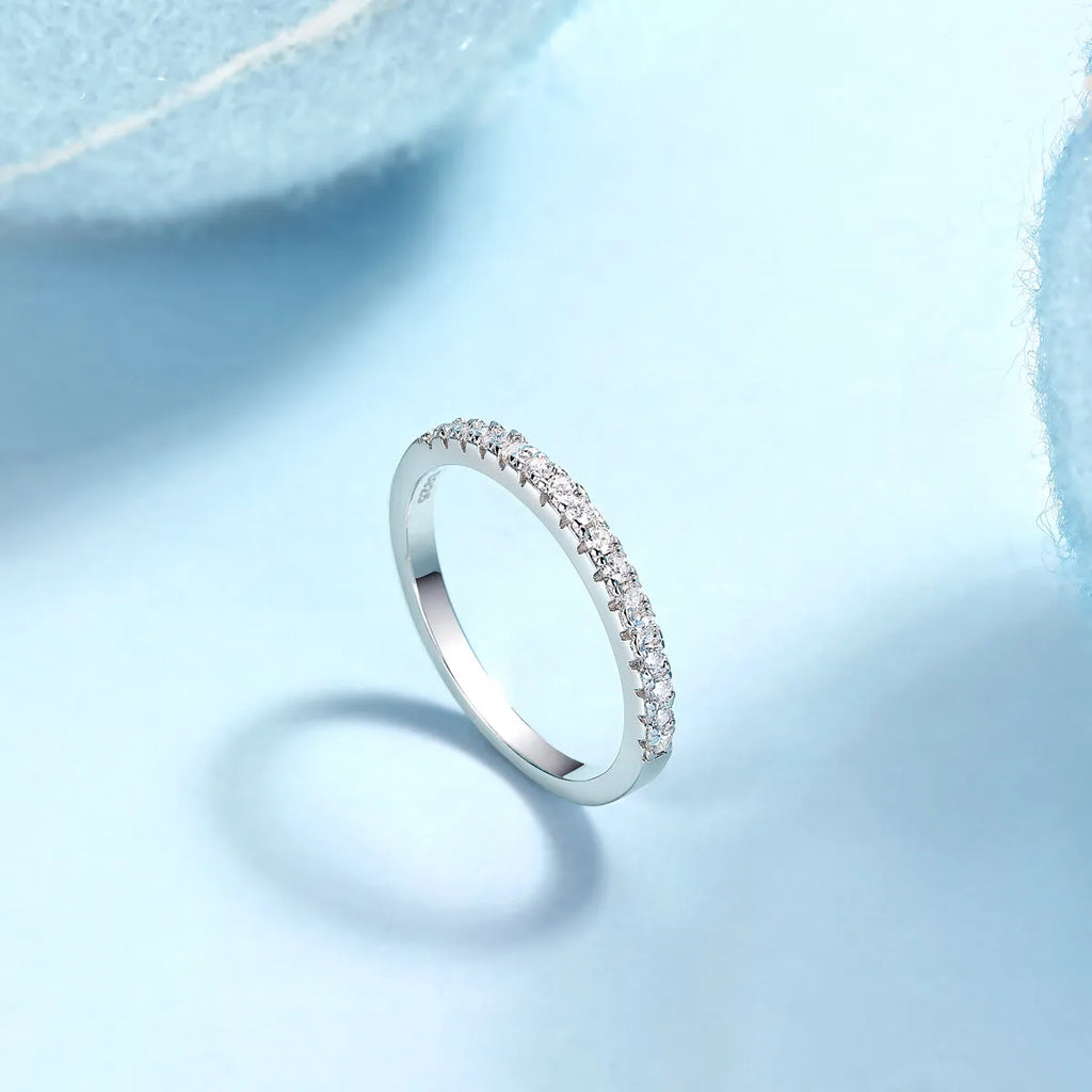 Parallel World moissanite wedding ring set in gold, S925 silver with platinum plating, on white background