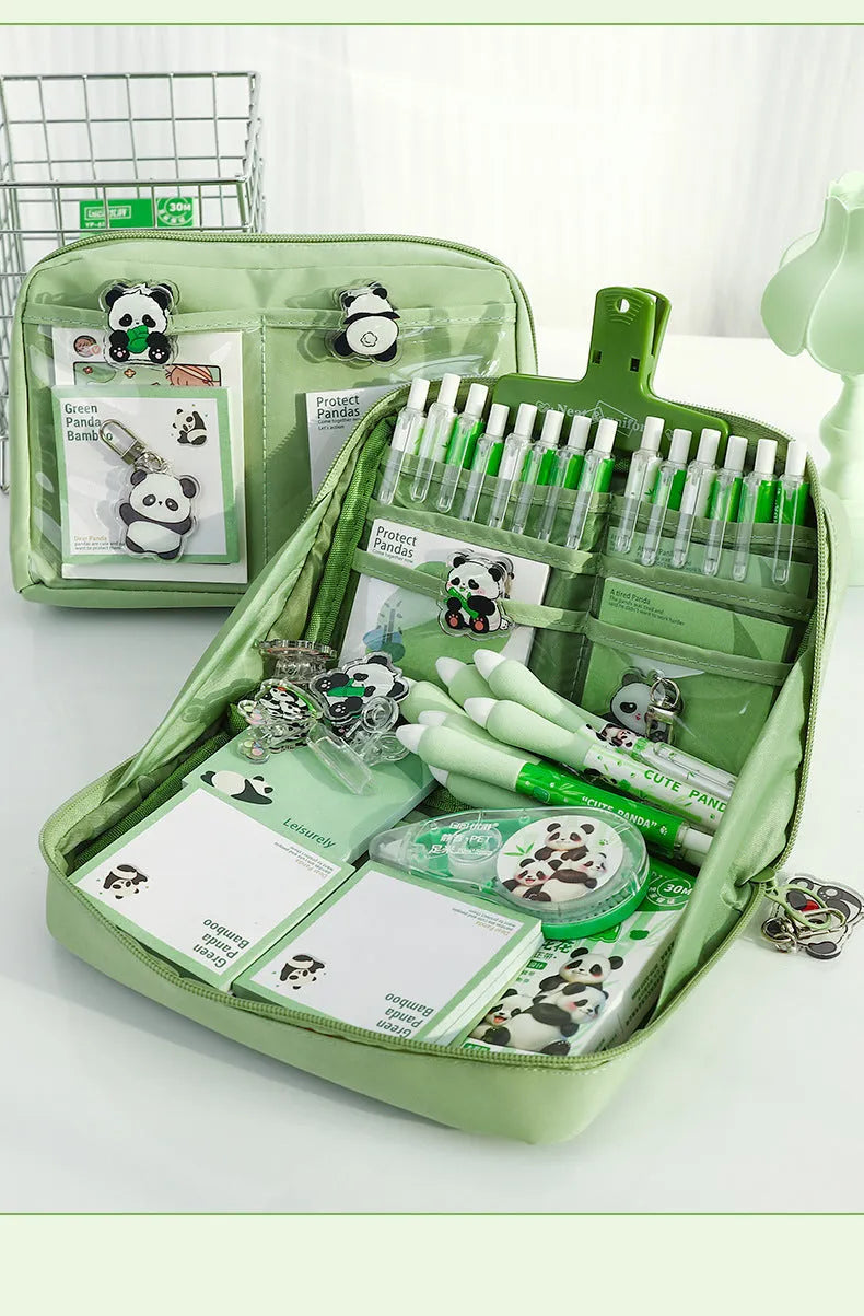 Green canvas pencil case with panda design featuring 12 internal layers for organising pens and stationery.