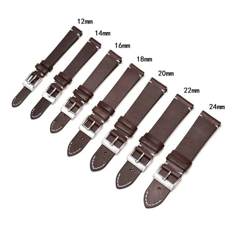 Leather watch strap with stainless steel pin buckle, 2mm thick, available in black, dark brown, light brown, and yellow