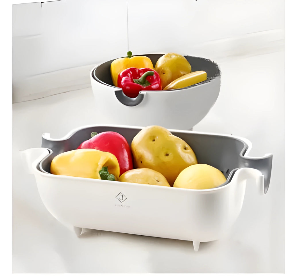 PP double drain basket bowl kitchen strainer for fruits and vegetables with fine filter holes and thick edge arc design