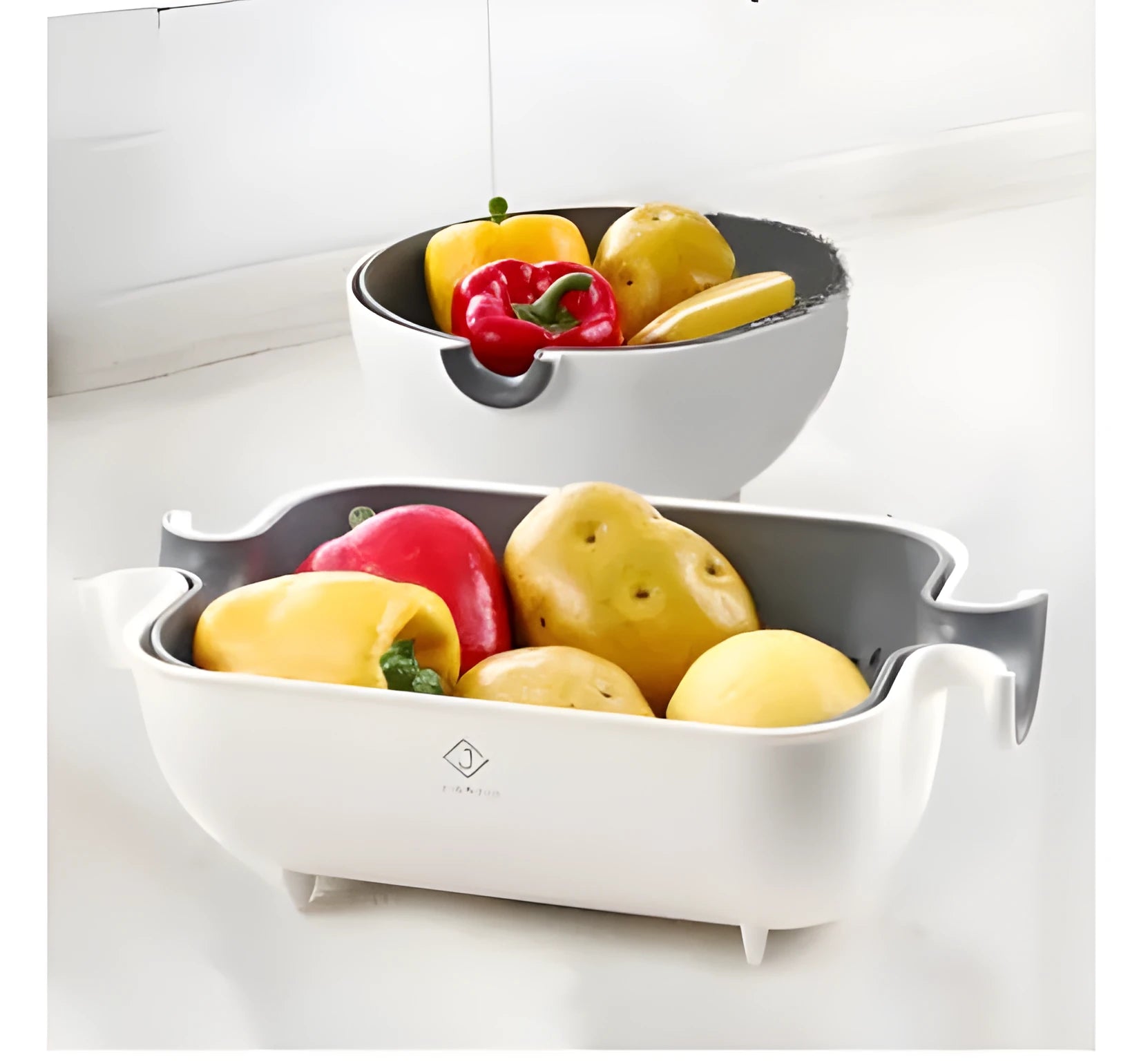 PP double drain basket bowl kitchen strainer for fruits and vegetables with fine filter holes and thick edge arc design