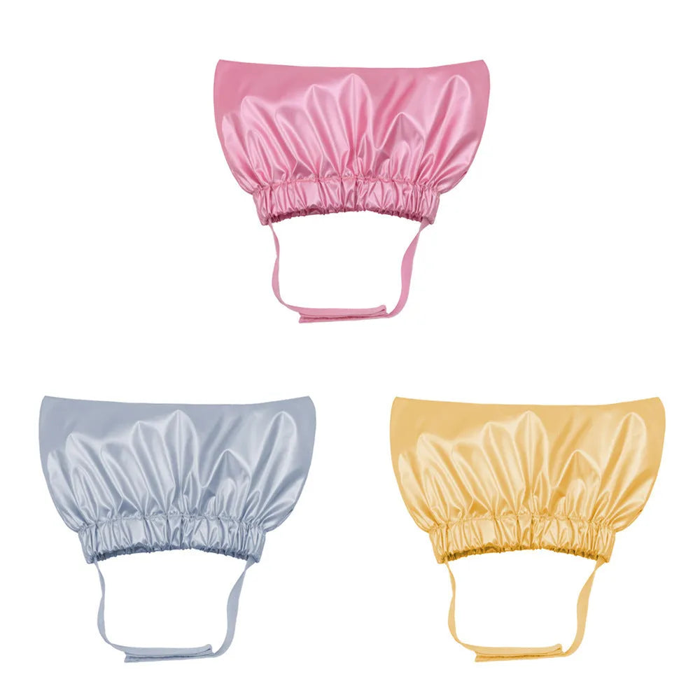 Adjustable waterproof shower cap for cats and dogs in silver, pink, or gold colours.