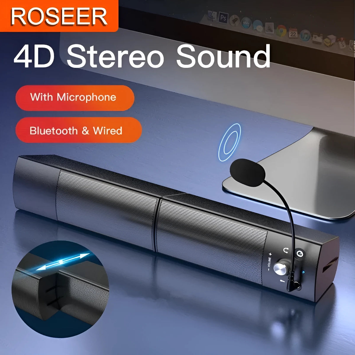 Small phantom black Bluetooth speaker subwoofer with dual speakers and microphone on a desk