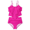 Ruffled bikini swimsuit two-piece set in polyester fibre, available in black, green, and rose red, sizes S-XL