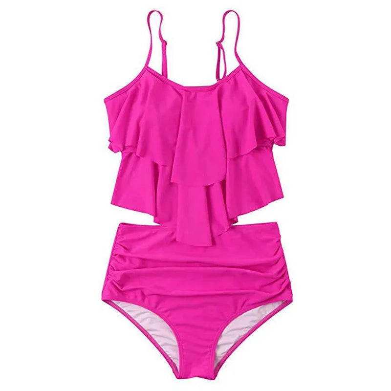 Ruffled bikini swimsuit two-piece set in polyester fibre, available in black, green, and rose red, sizes S-XL