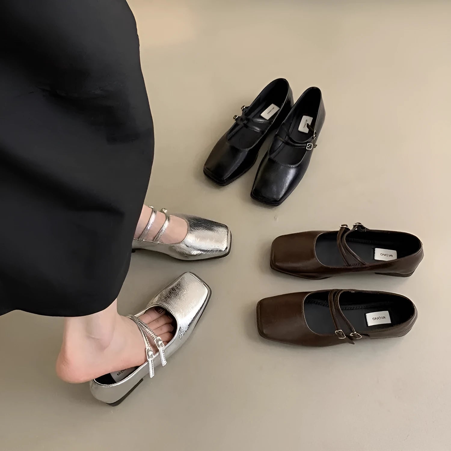 French style women's low heel square toe shoes in silver, black, and brown