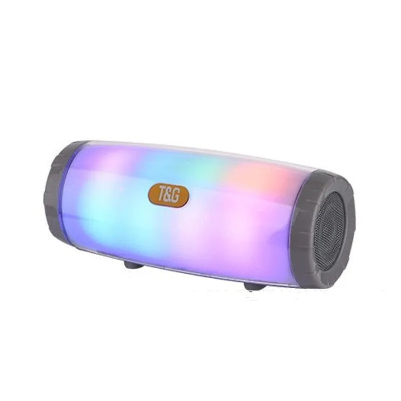 Portable Bluetooth speaker with coloured LED lights in blue, black, red, silver grey, or green options