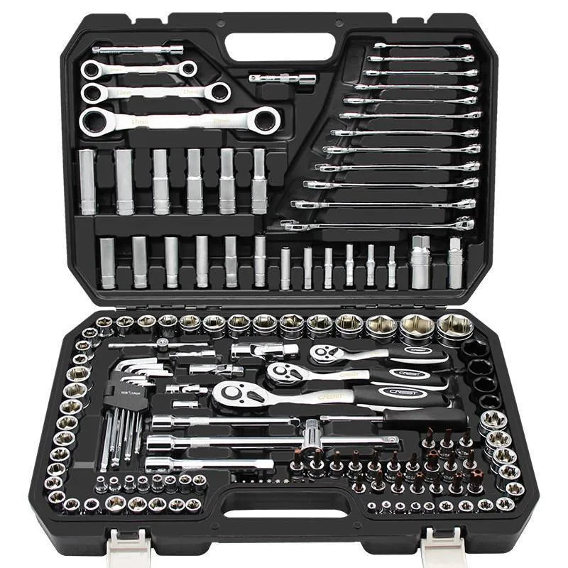 150-piece socket wrench set with 72-tooth curved handle ratchet and black finish for auto repair and home use