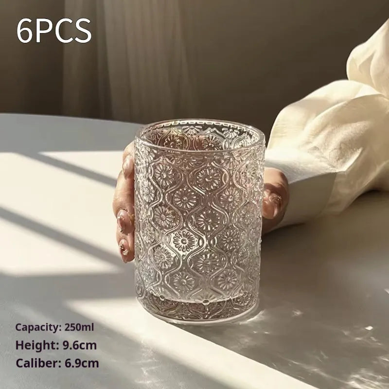 Begonia patterned sodium calcium glass drinking cup in 360ml and 250ml sizes with wide mouth