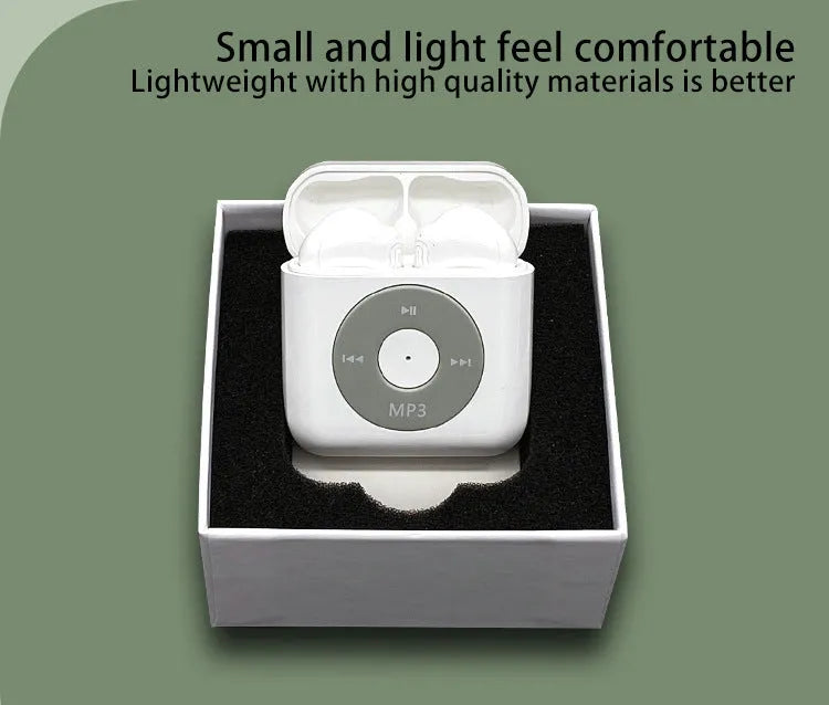 White wireless Bluetooth earphones and charging case on a table, showing semi-in-ear design.
