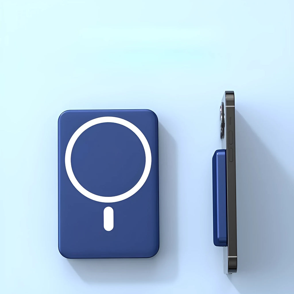 Ultra-thin portable power bank with wireless magnetic charging in white, black, or blue colour options