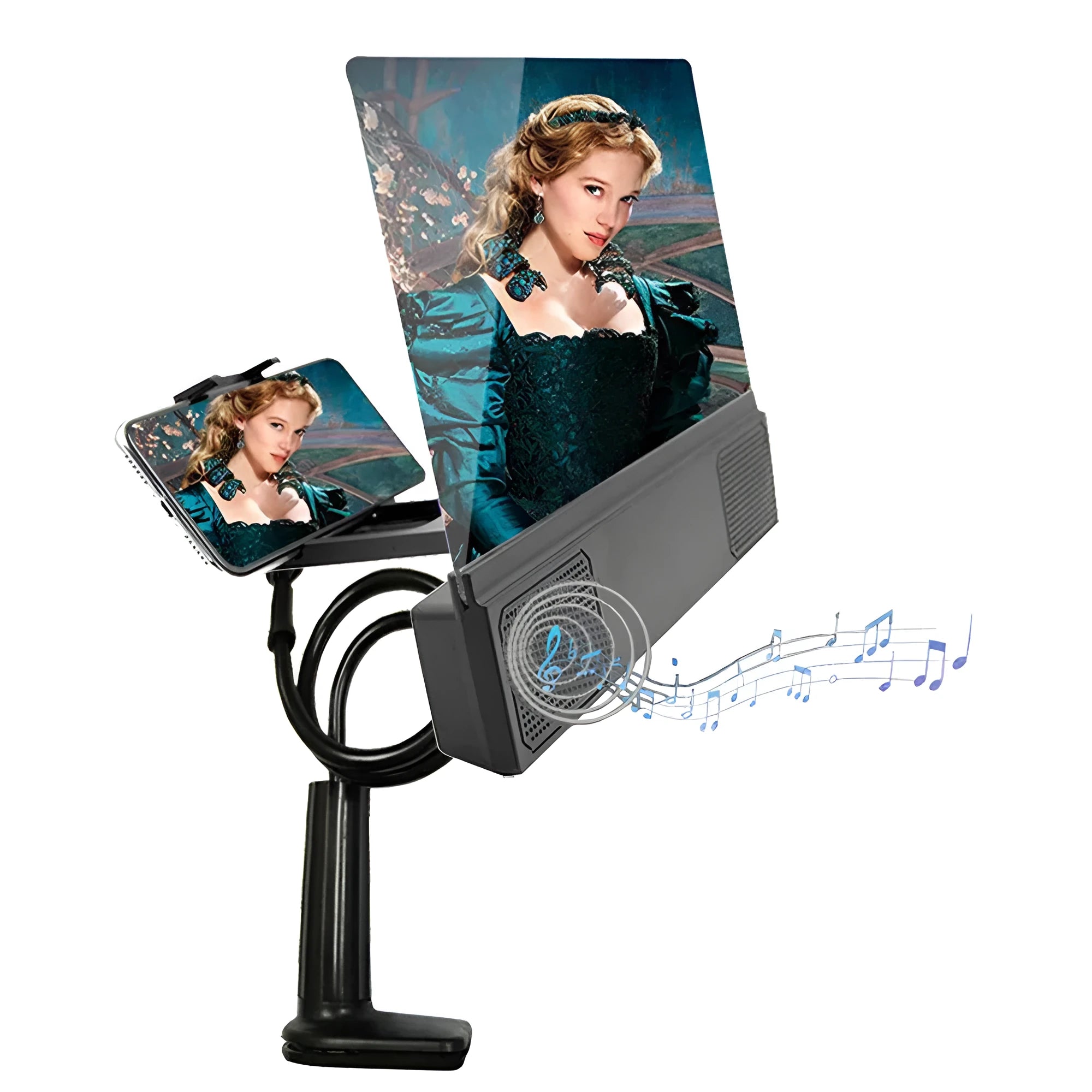 12-inch foldable mobile phone screen amplifier with adjustable gooseneck stand and audio speaker