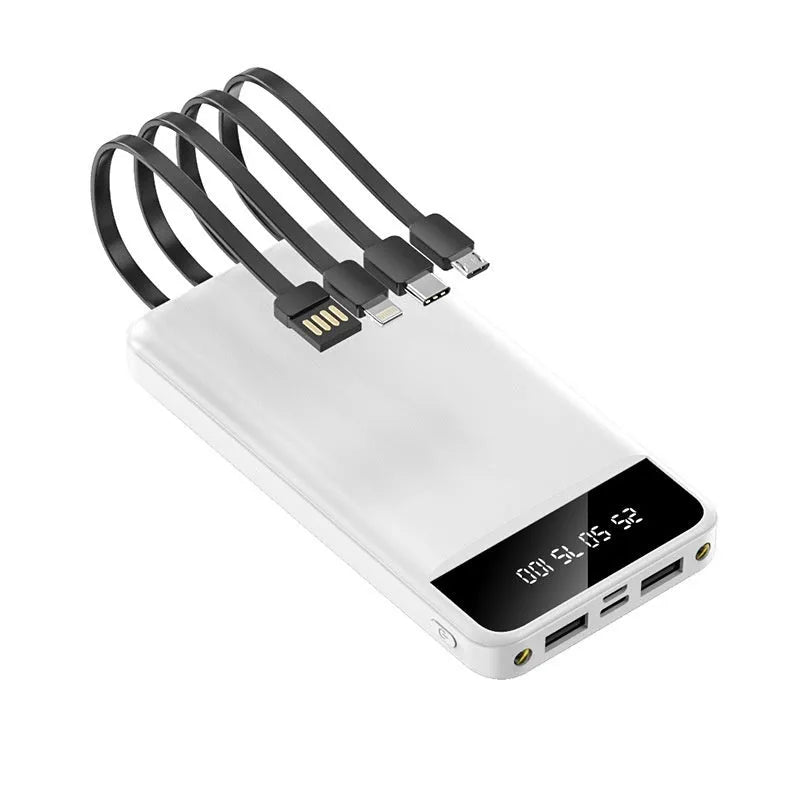 Black white red 20000mAh power bank with optional charging cable showing compact dimensions