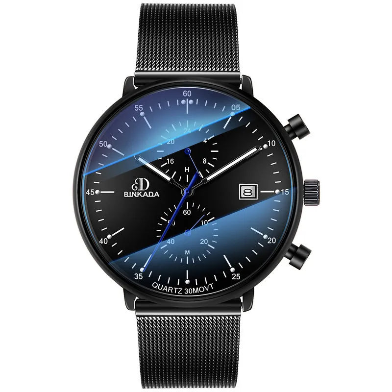 Men's luminous waterproof quartz watch with 40mm dial and black mesh belt on wrist