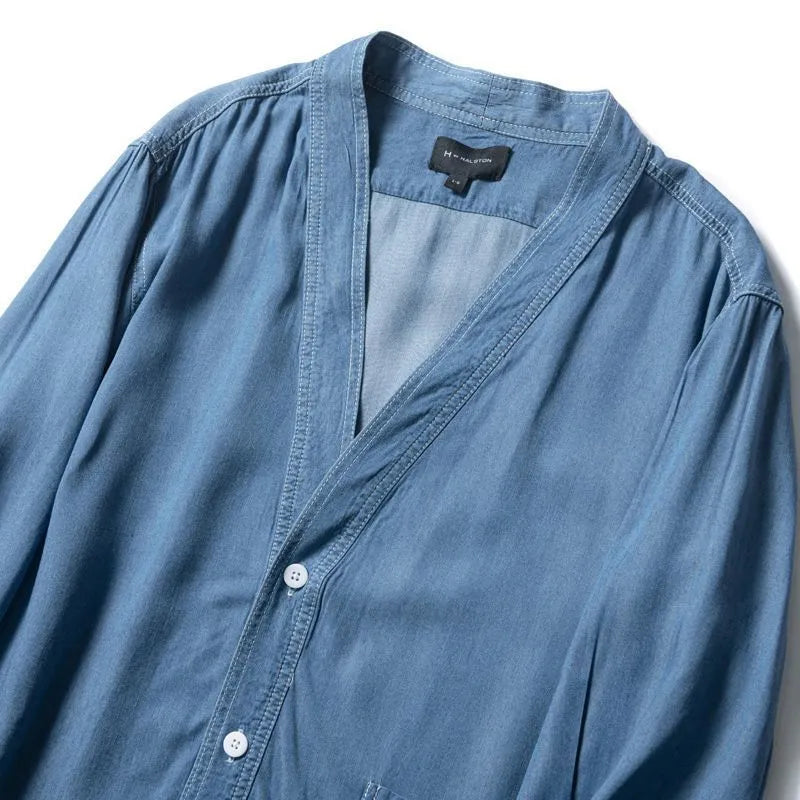Men's dark blue denim coat with three-quarter sleeves and v-neck collar