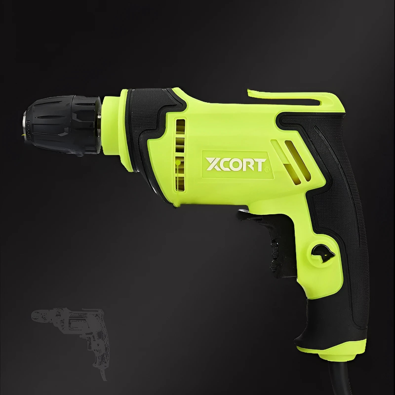 A black pistol-grip electric drill with a 10mm chuck, shown on a workbench.