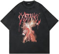 Men's loose retro cartoon print cotton t-shirt on a hanger, short sleeves.