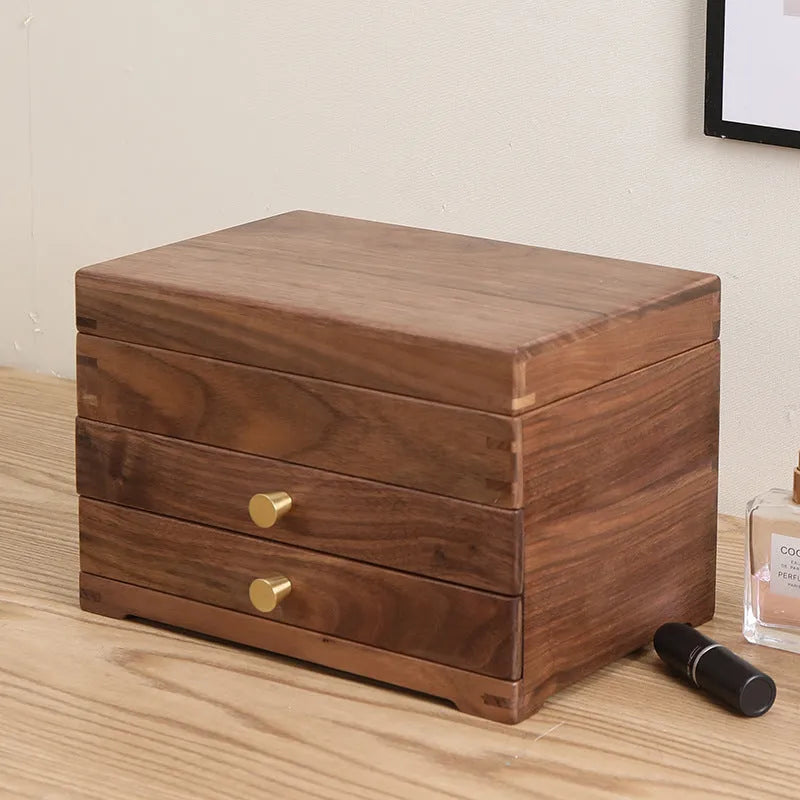 Black walnut cosmetic storage cabinet with pull-out double-layer, paulownia wood, brass, and tempered glass, 24x17x17cm