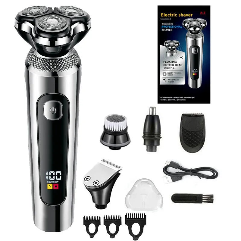 Black USB rechargeable beard trimmer with LED display on a digital display base.