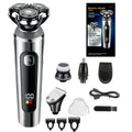 Black USB rechargeable beard trimmer with LED display on a digital display base.