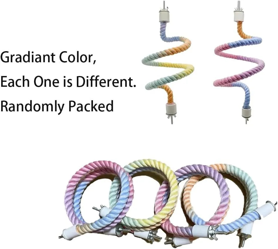 Gradient colourful bird rope perch set with U-shaped perch, long rope, and circular swing for cockatiels and parakeets