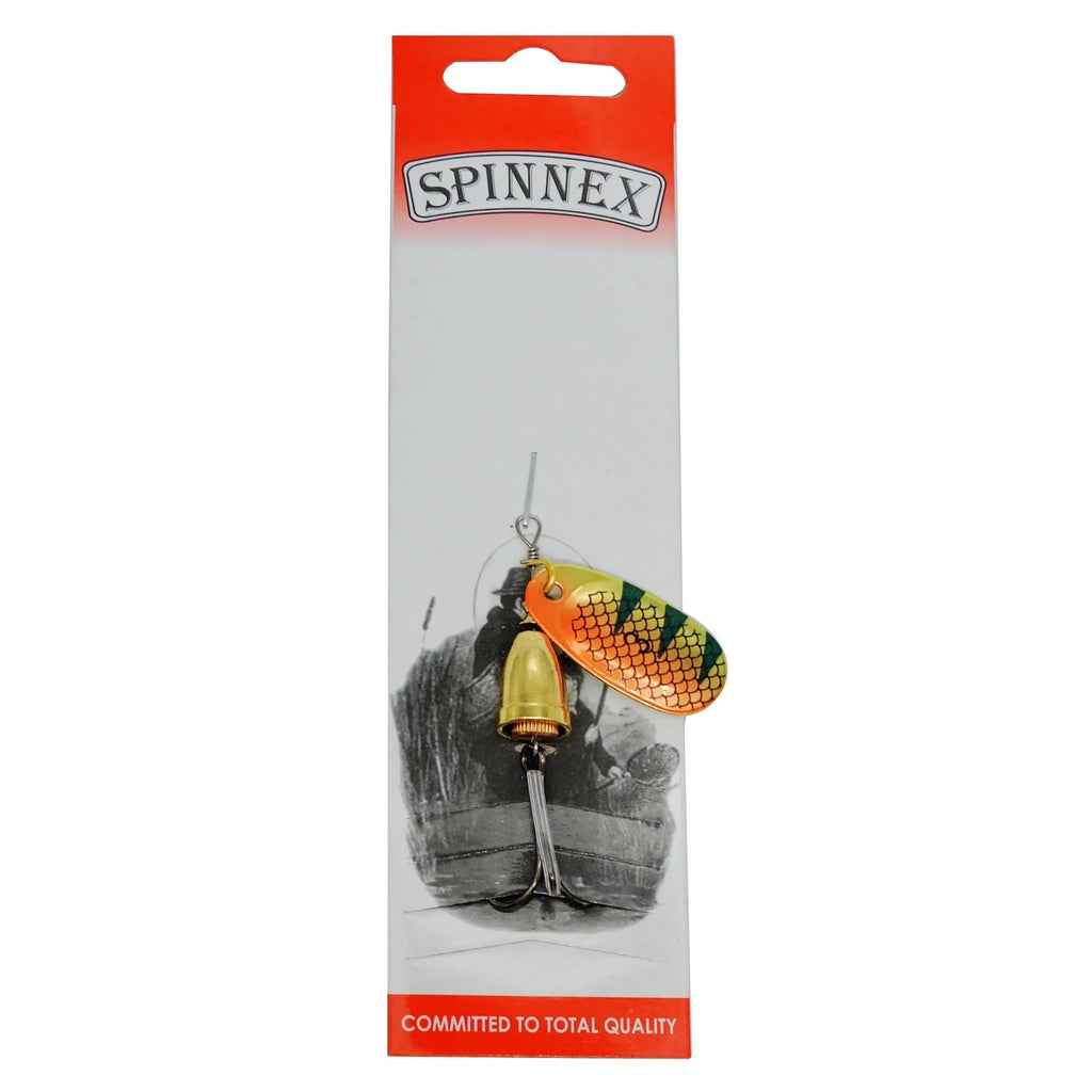 R composite rotating sequins and copper bell metal fishing lure in seven colour options on a blue background.